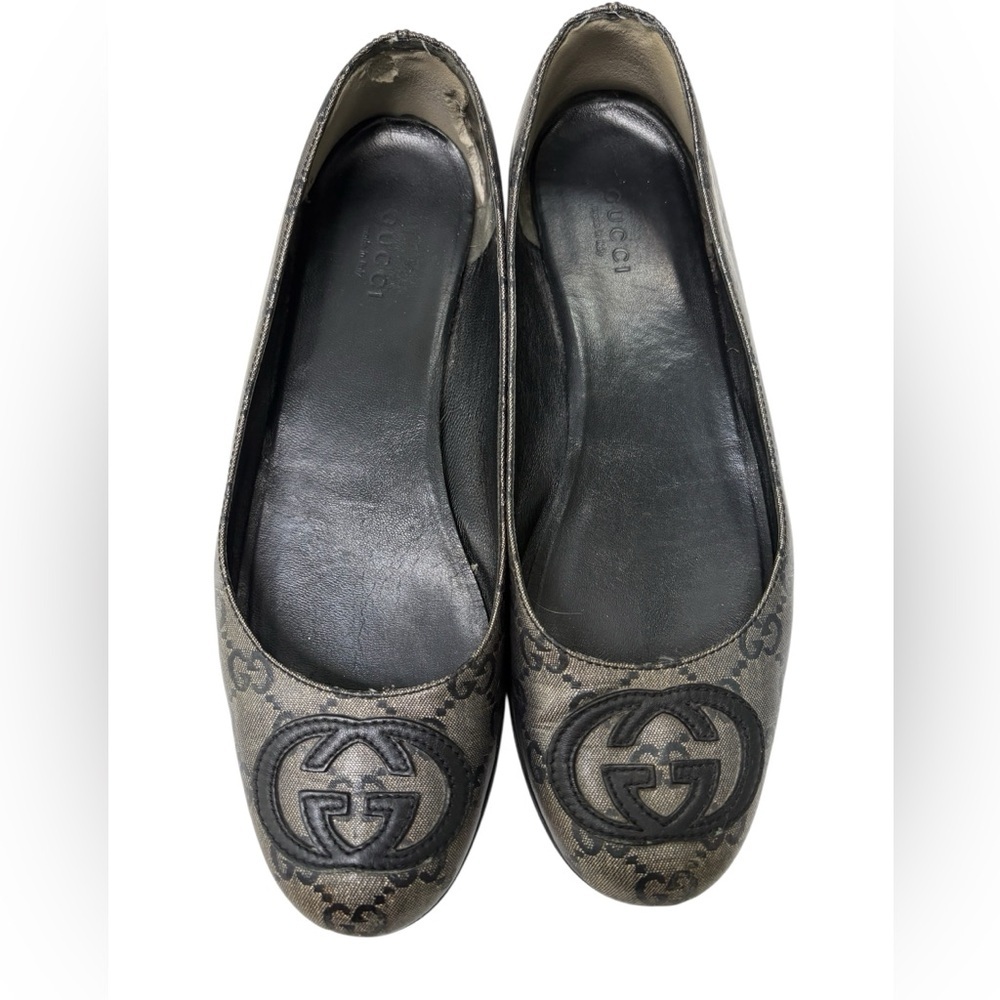Gucci GG Ballet Flats Metallic Pewter Guccissima Leather 36.5 Dust Bag